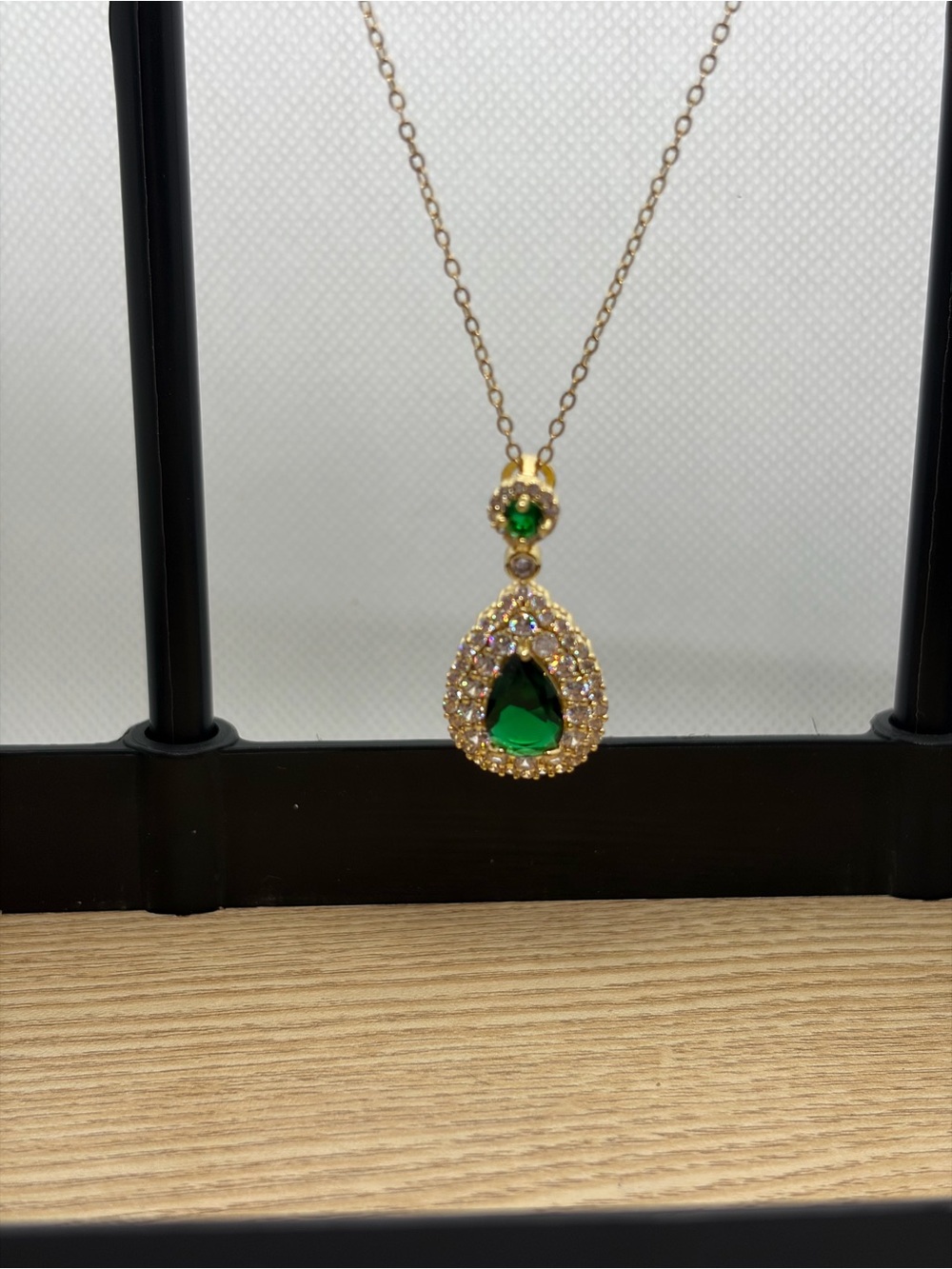 Gold Teardrop Necklace with Emerald Green Teardrop Stone and Crystal Halo - Picture 4 of 4